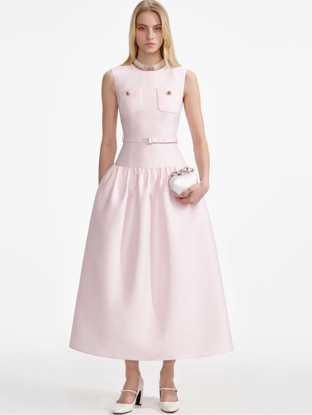 Self-Portrait Pink Taffeta Belted Midi Dress